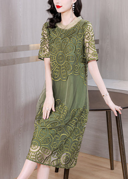 Green Embroidered Ruffled Tulle Long Dresses Short Sleeve