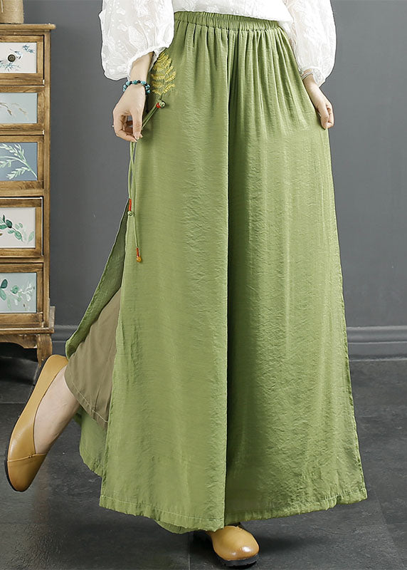 Green Embroidered Tassel Side Open Silk Wide Leg Pants Summer