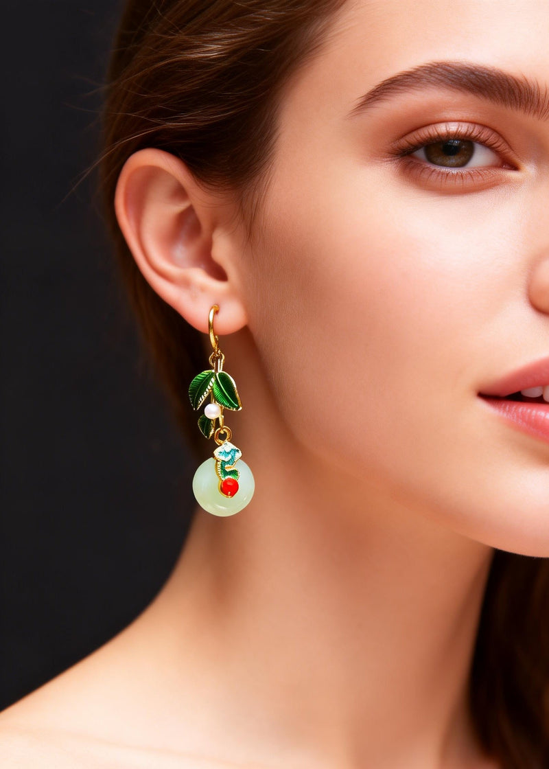 Green Leaf Metal Fine Circular Jade Drop Earrings