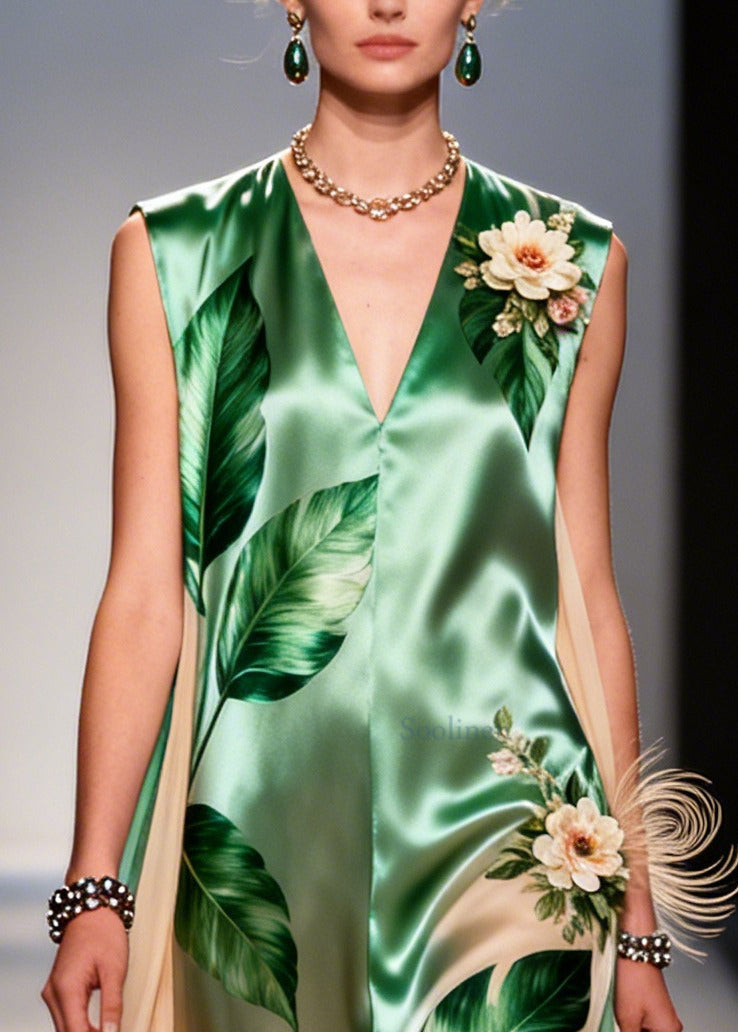 Green Leaf Print Handmade Flower Chiffon Dresses Sleeveless