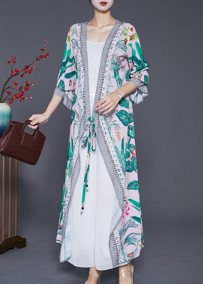 Green Leaf Print Lace Up Chiffon Long Cardigan Fall
