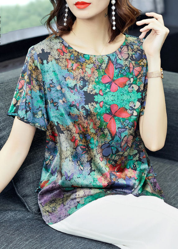 Green O-neck Butterfly Print Satin Top Short Sleeve