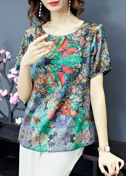 Green O-neck Butterfly Print Satin Top Short Sleeve