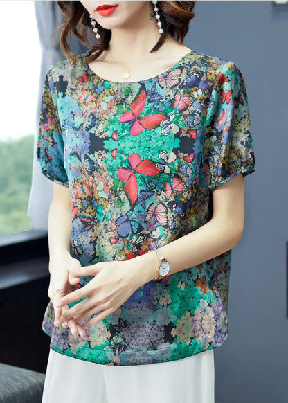 Green O-neck Butterfly Print Satin Top Short Sleeve