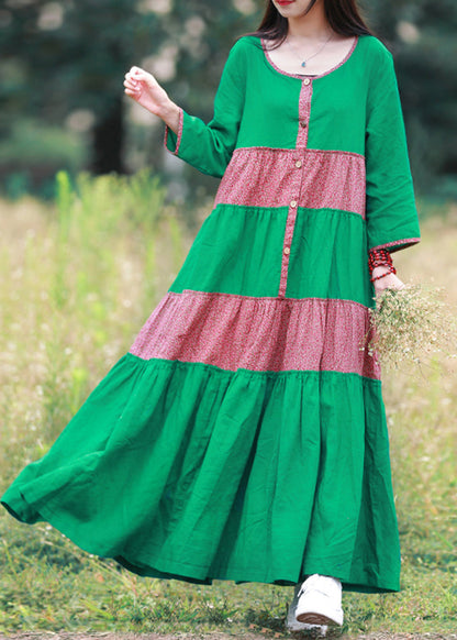 Green O-neck Button Patchwork Vacation Dresses Long Sleeve