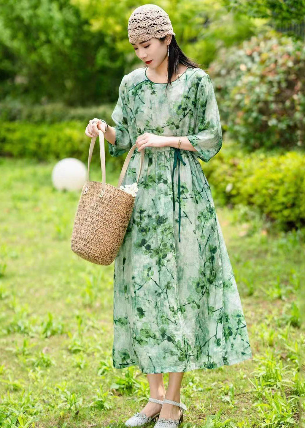 Green O Neck Drawstring Patchwork Long Linen Dress Summer