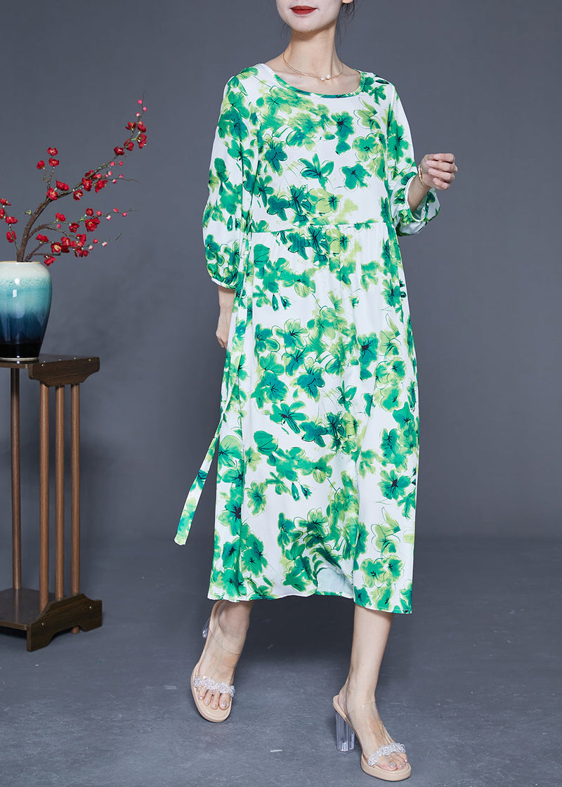 Green O-neck Oversized Print Silk Vacation Dresses Bracelet Sleeve