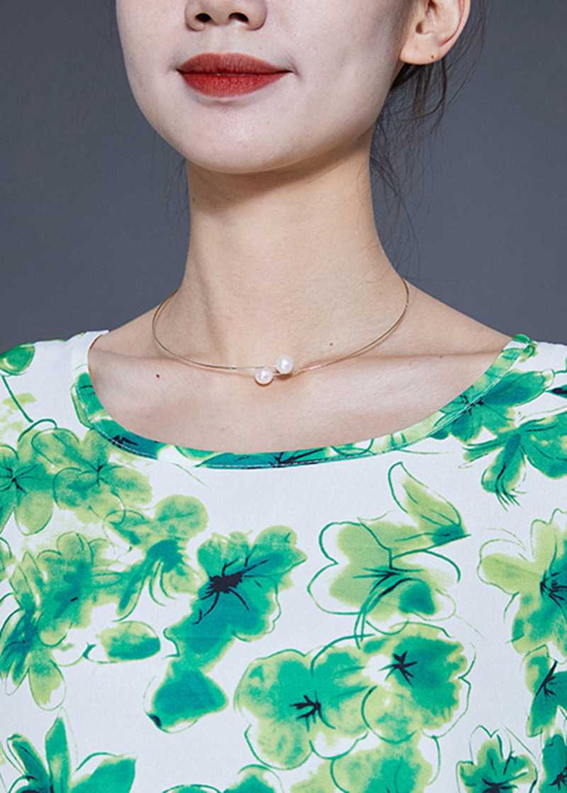 Green O-neck Oversized Print Silk Vacation Dresses Bracelet Sleeve