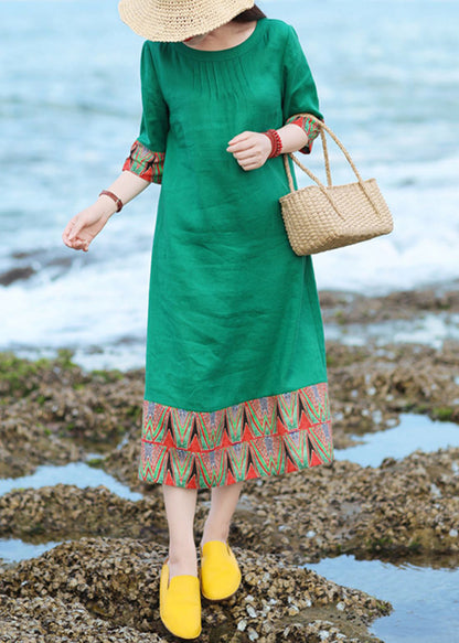 Green O Neck Patchwork Cotton Long Dresses Half Sleeve
