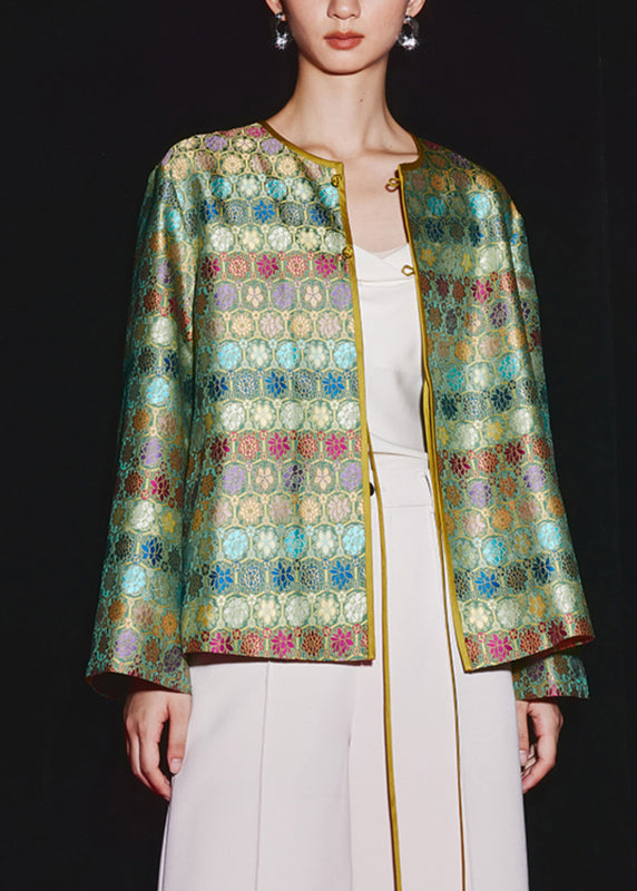 Green O-neck Print Button Sillk Coat Long Sleeve