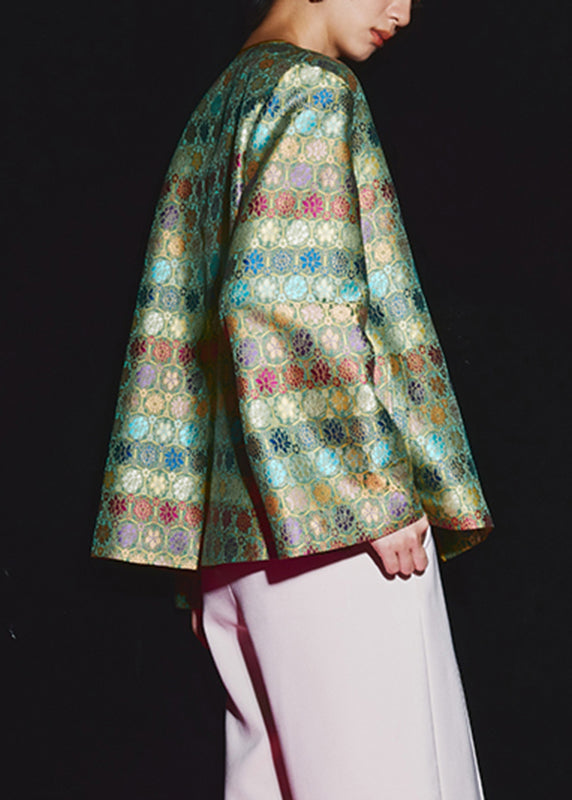 Green O-neck Print Button Sillk Coat Long Sleeve