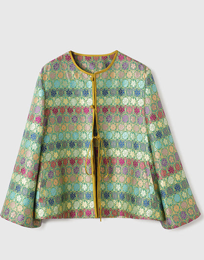 Green O-neck Print Button Sillk Coat Long Sleeve