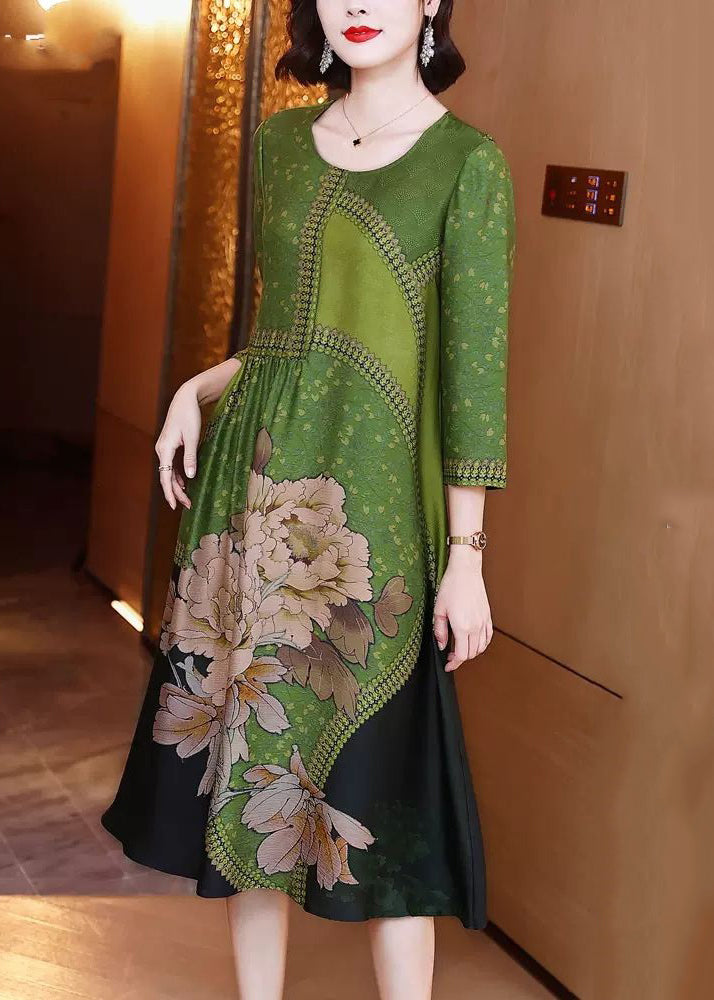 Green O Neck Print Patchwork Silk Long Dresses Spring