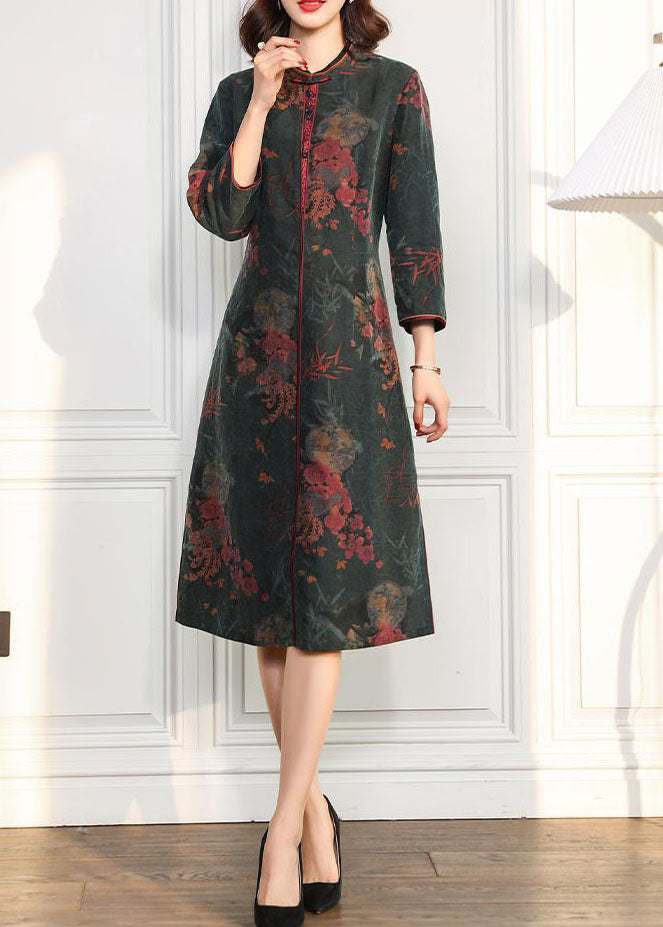 Green O Neck Side Open Print Silk Dress Bracelet Sleeve