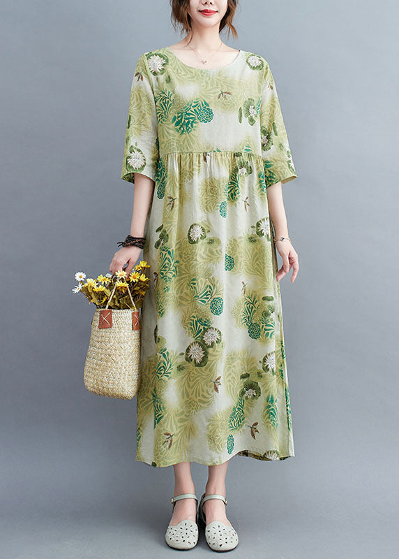 Green O-neck Wrinkled Print Cotton Long Dress Half Sleeve