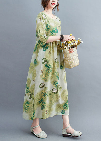 Green O-neck Wrinkled Print Cotton Long Dress Half Sleeve