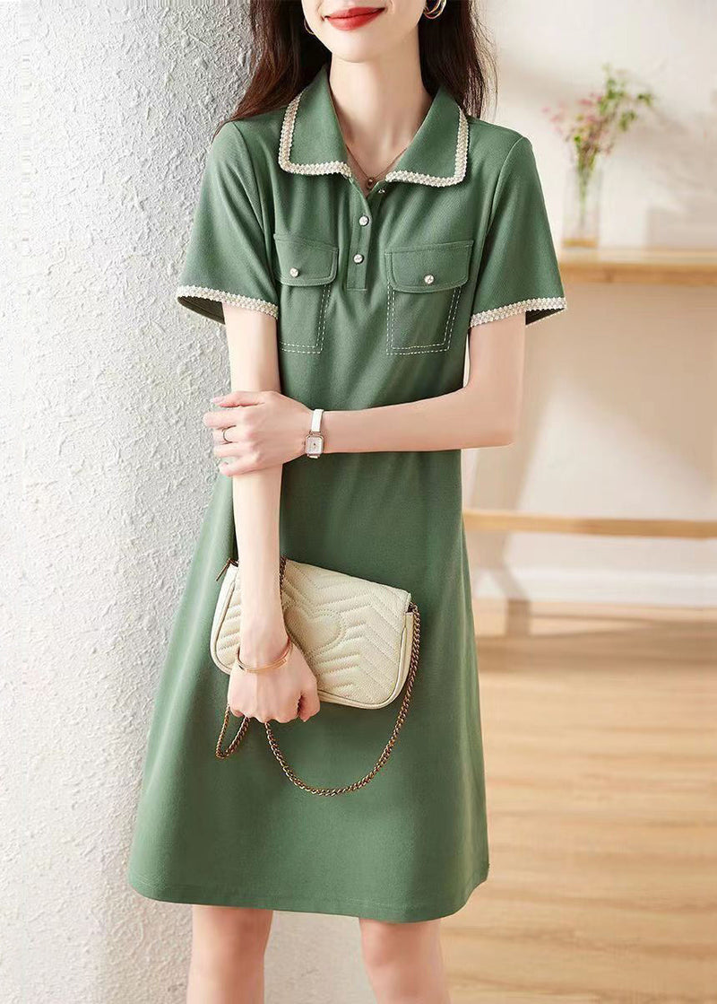 Green Peter Pan Collar Button Patchwork Cotton Dress Summer