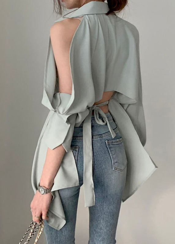 Elegant Green Peter Pan Collar Button Solid Shirt Spring