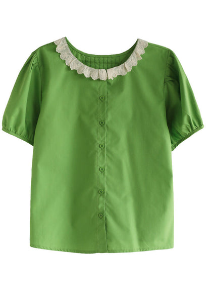 Green Peter Pan Collar Patchwork Cotton Shirt Top Puff Sleeve