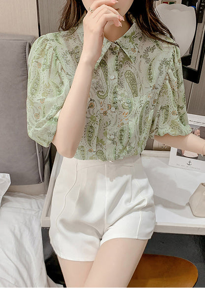 Green Peter Pan Collar Print Chiffon Shirt Top Lantern Sleeve