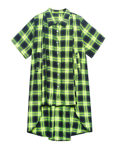 Green Plaid Cotton Buttonlow High Design Summer Maxi Dresses