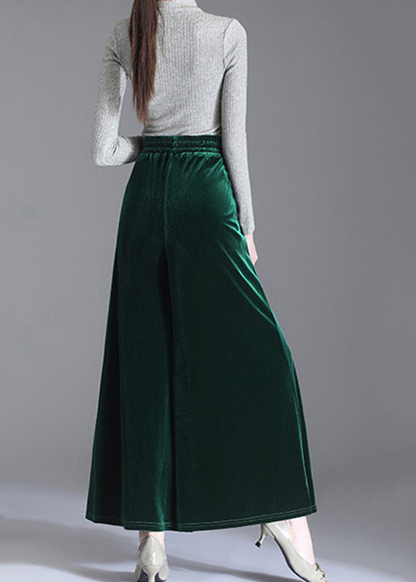 Green Pockets Elastic Waist Velour Wide Leg Pants Fall