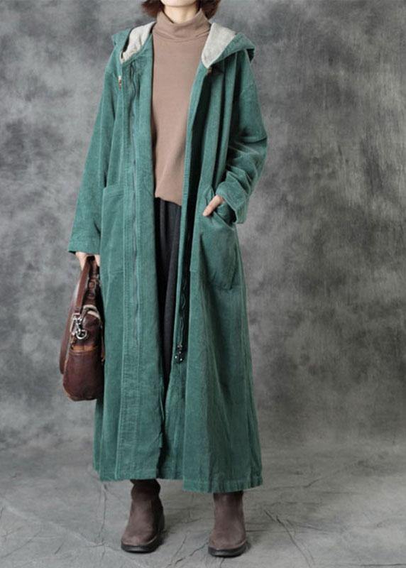 Green Pockets Hooded Zippered Button Fall Hoodies Outwear Long Sleeve