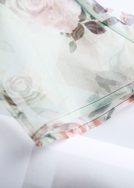 Green Print Chinese Button Patchwork Tulle T Shirt Summer