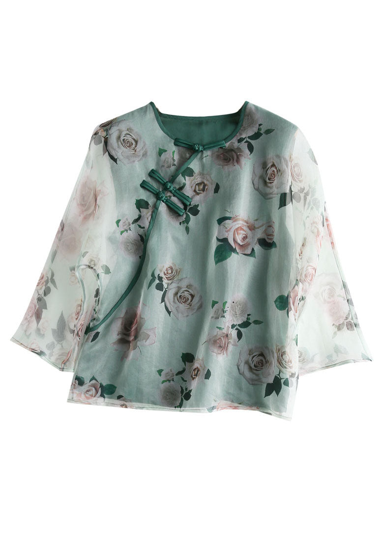Green Print Chinese Button Patchwork Tulle T Shirt Summer