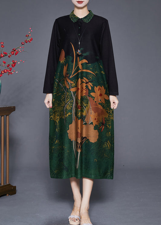 Green Print Peter Pan Collar Silk Long Dresses Fall