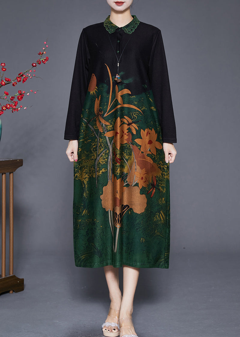 Green Print Peter Pan Collar Silk Long Dresses Fall