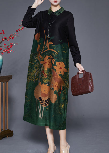 Green Print Peter Pan Collar Silk Long Dresses Fall