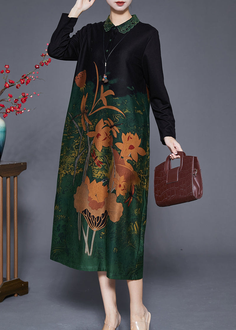 Green Print Peter Pan Collar Silk Long Dresses Fall