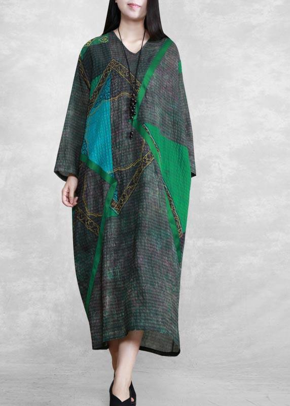Green Print Tunic Pattern V Neck Patchwork Maxi Spring Dress