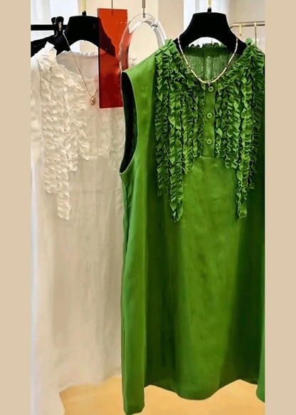 Green Ruffled Button Cotton Mid Dress Sleeveless