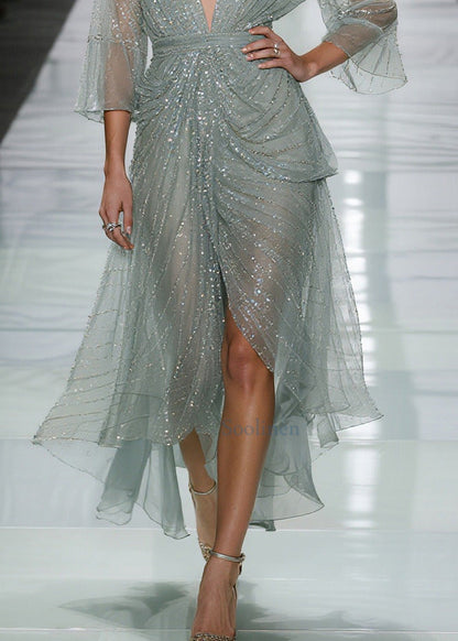 Green Sequins Side Open Tulle Long Dress Summer