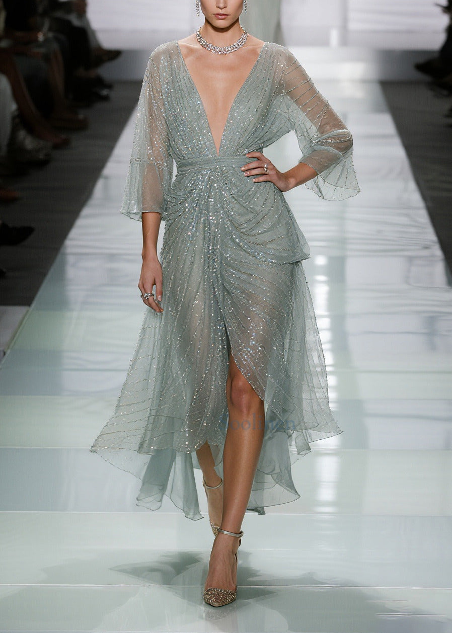 Green Sequins Side Open Tulle Long Dress Summer