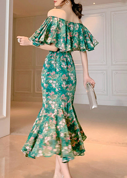 Green Slash Neck Print Long Fishtail Dress Short Sleeve