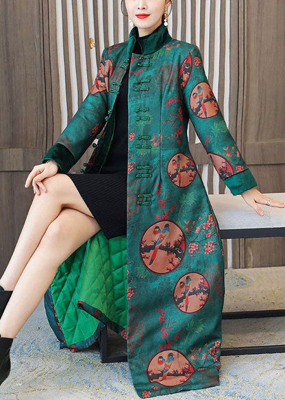 Green Stand Collar Chinese Style Print Fine Cotton Filled Coats Winter