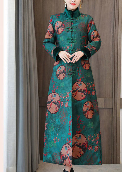 Green Stand Collar Chinese Style Print Fine Cotton Filled Coats Winter