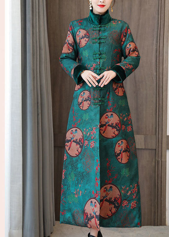 Green Stand Collar Chinese Style Print Fine Cotton Filled Coats Winter