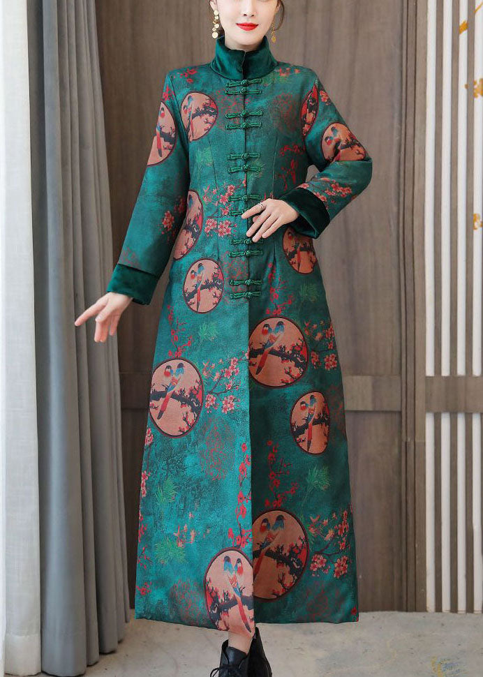 Green Stand Collar Chinese Style Print Fine Cotton Filled Coats Winter