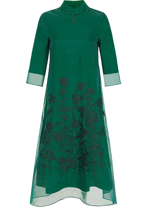 Green Stand Collar Embroideried Button Tulle Long Dresses Half Sleeve