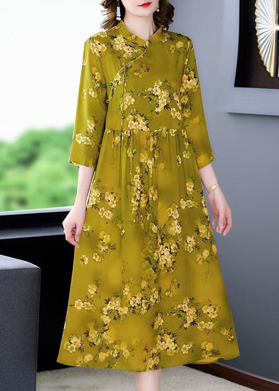 Green Stand Collar Print Silk Cheongsam Dress Bracelet Sleeve