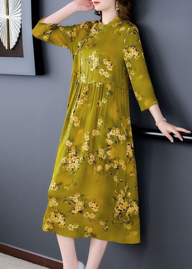 Green Stand Collar Print Silk Cheongsam Dress Bracelet Sleeve