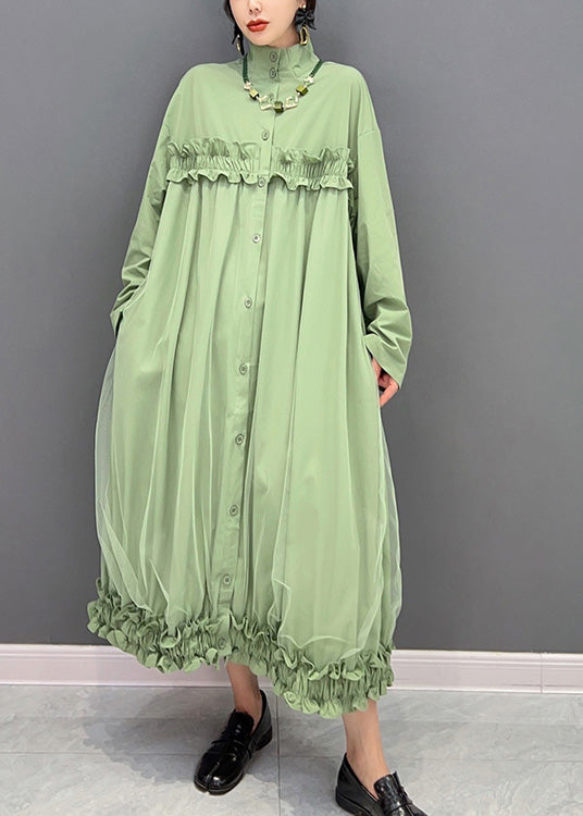 Green Stand Collar Ruffled Tulle Patchwork Button Maxi Dress Winter