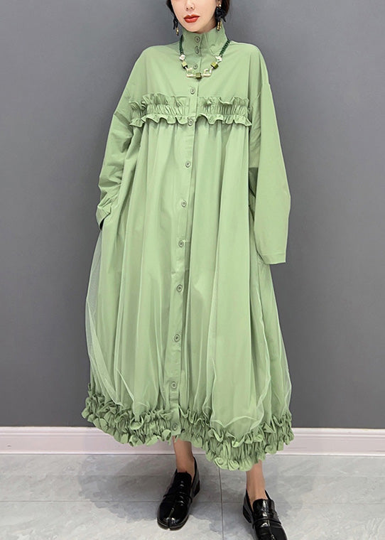 Green Stand Collar Ruffled Tulle Patchwork Button Maxi Dress Winter