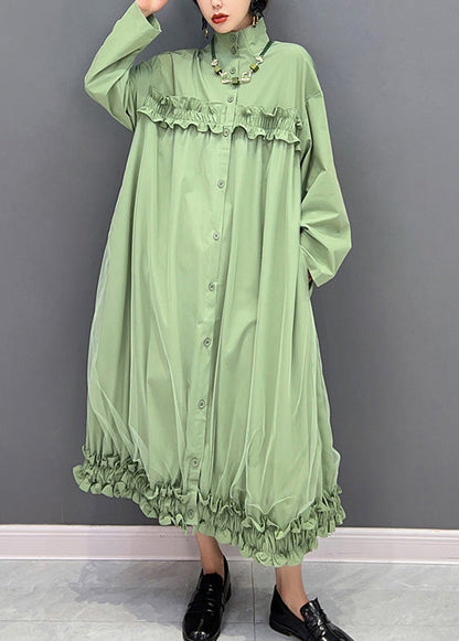 Green Stand Collar Ruffled Tulle Patchwork Button Maxi Dress Winter