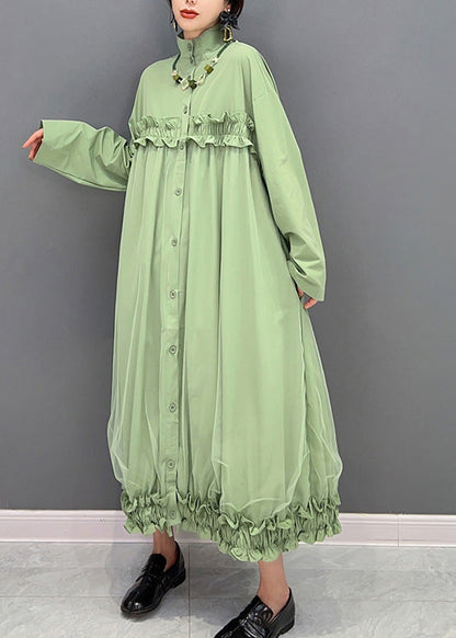 Green Stand Collar Ruffled Tulle Patchwork Button Maxi Dress Winter