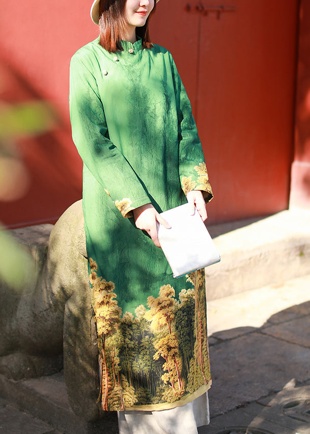 Green Stand Collar Side Open Print Dresses Long Sleeve
